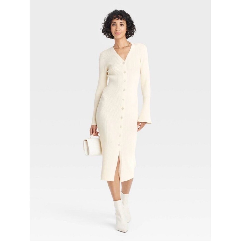 A New Day Ribbed Button Front Midi Sweater Dress Cream All Sizes NWT/NWOT - Picture 3 of 10
